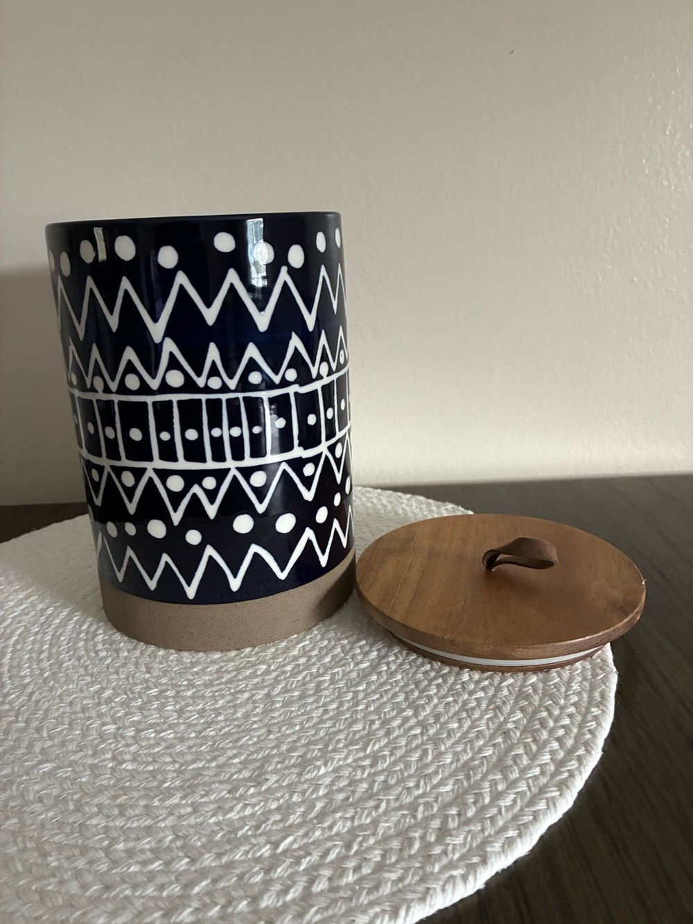 Large Navy and White Geometric Ceramic Canister with Wooden Lid